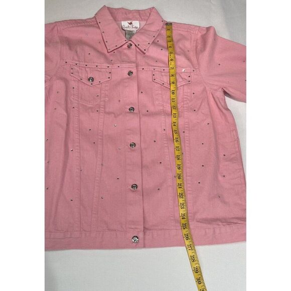 Quacker Factory Womens Denim Jacket Size L Pink Button Up Rhinestone Bling Y2K - Picture 9 of 16